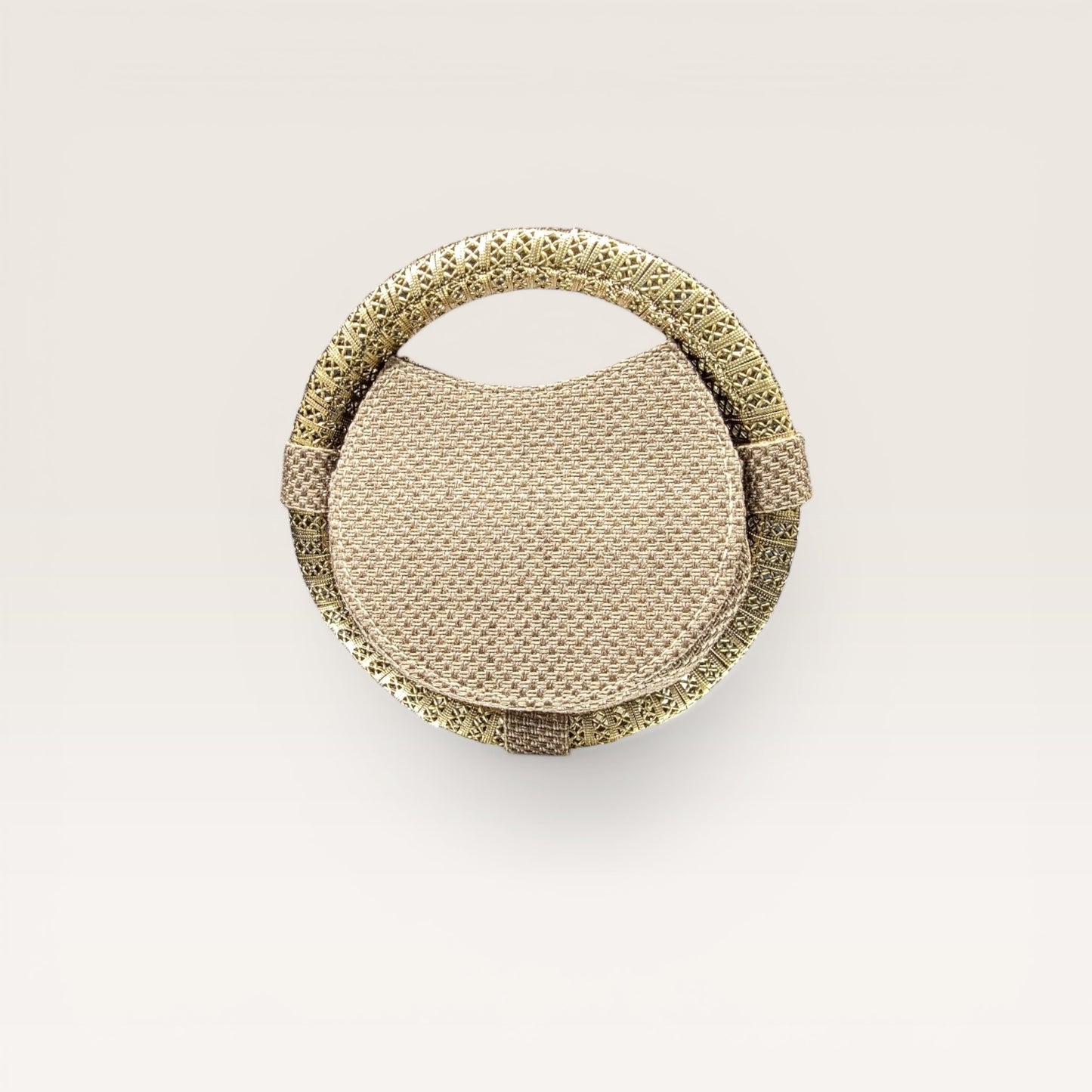 Discover our handcrafted nano ring bag made from premium jute. Embellished with colorful stones and seed beads. Perfect for festive and bridal luxury wear.