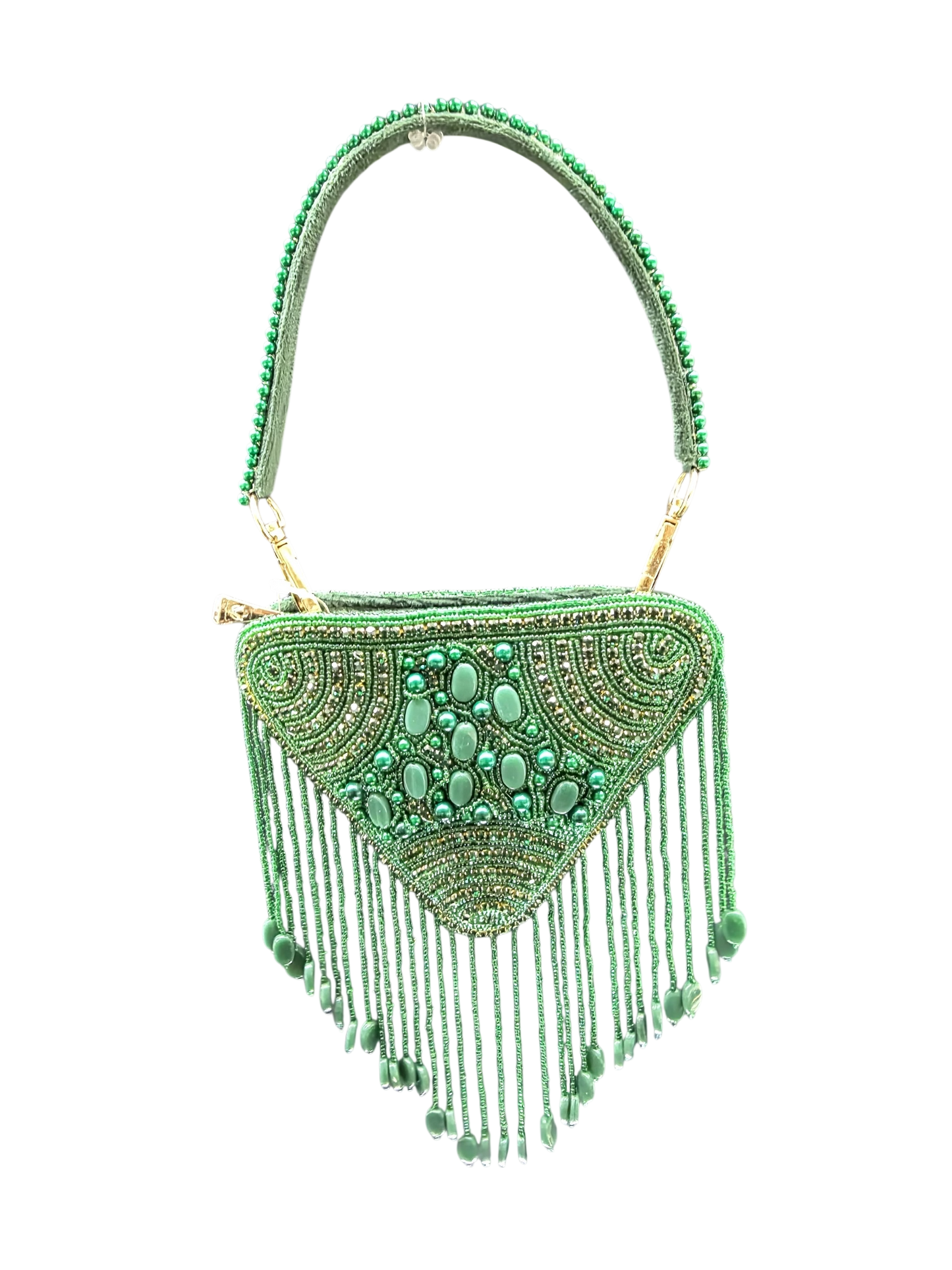 Hand-embroidered triangle mini bag in premium velvet featuring a front panel of pearls, stones, diamonds, and seed beads with rhythmic bead tassels. This geometric evening clutch includes a secure zip closure, a detailed pearl-work back, and a detachable hand-embroidered handle.