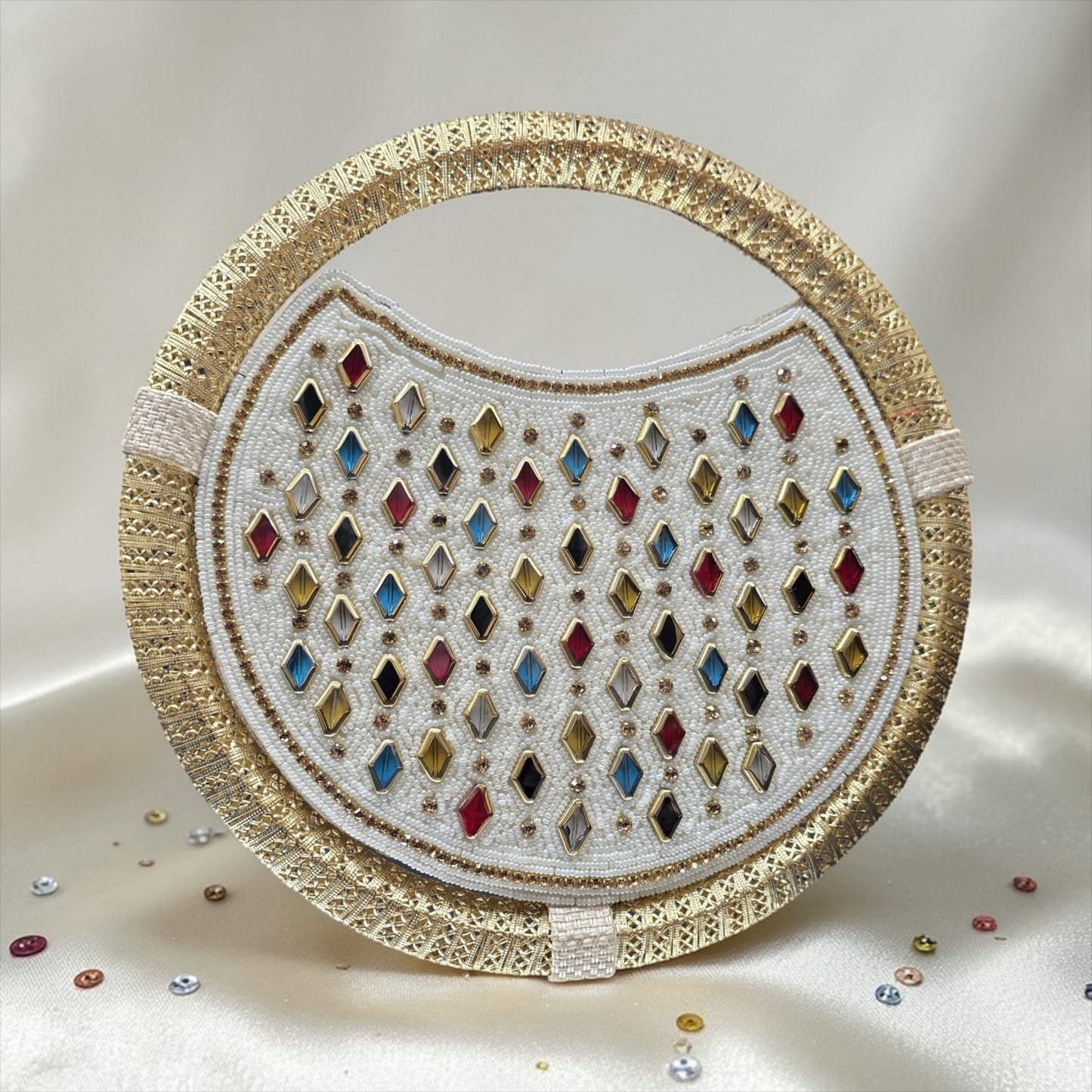 jute Ring bag with colorful diamond stone embroidery and seed bead details.