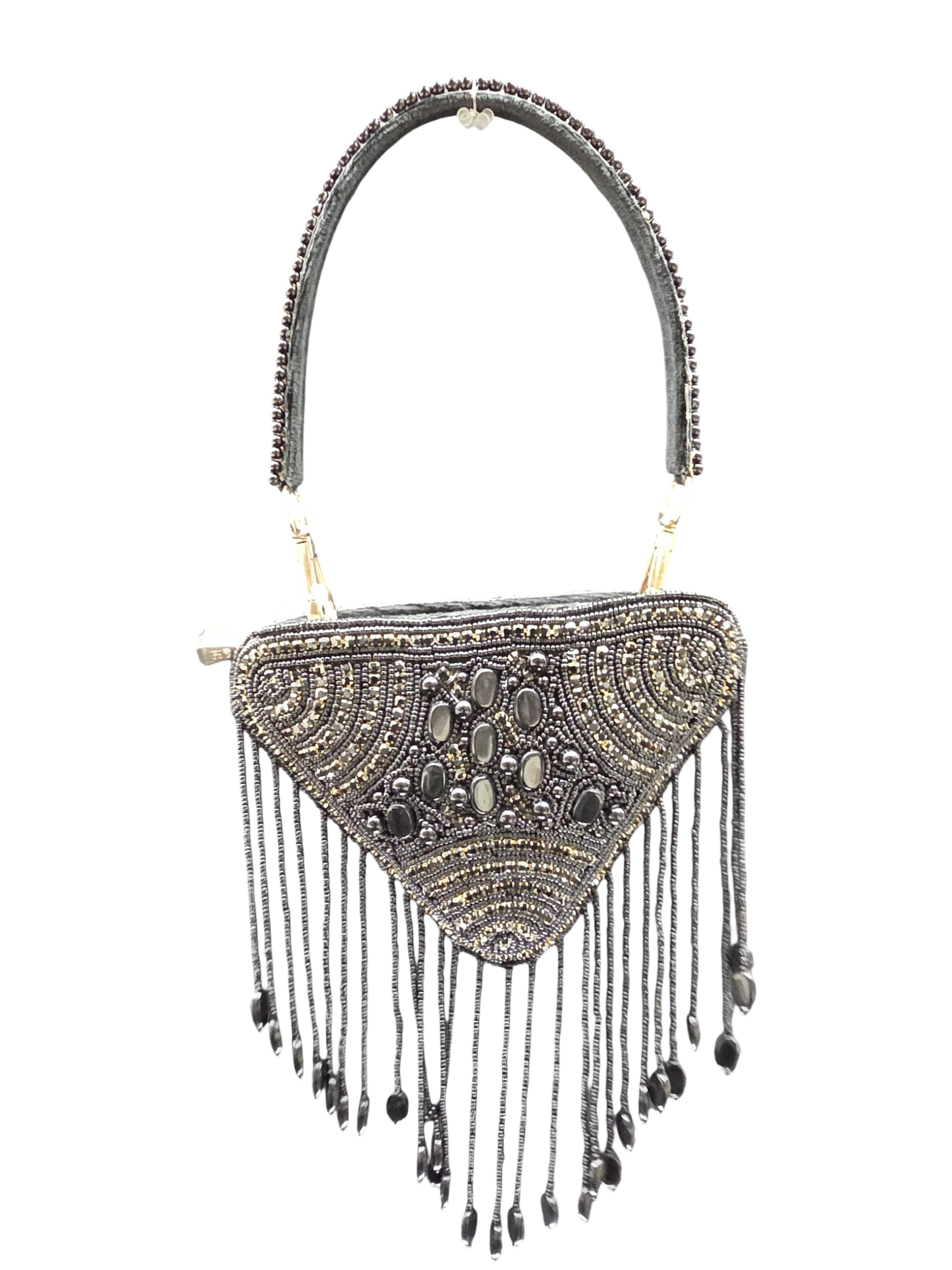 Hand-embroidered triangle mini bag in premium velvet featuring a front panel of pearls, stones, diamonds, and seed beads with rhythmic bead tassels. This geometric evening clutch includes a secure zip closure, a detailed pearl-work back, and a detachable hand-embroidered handle.