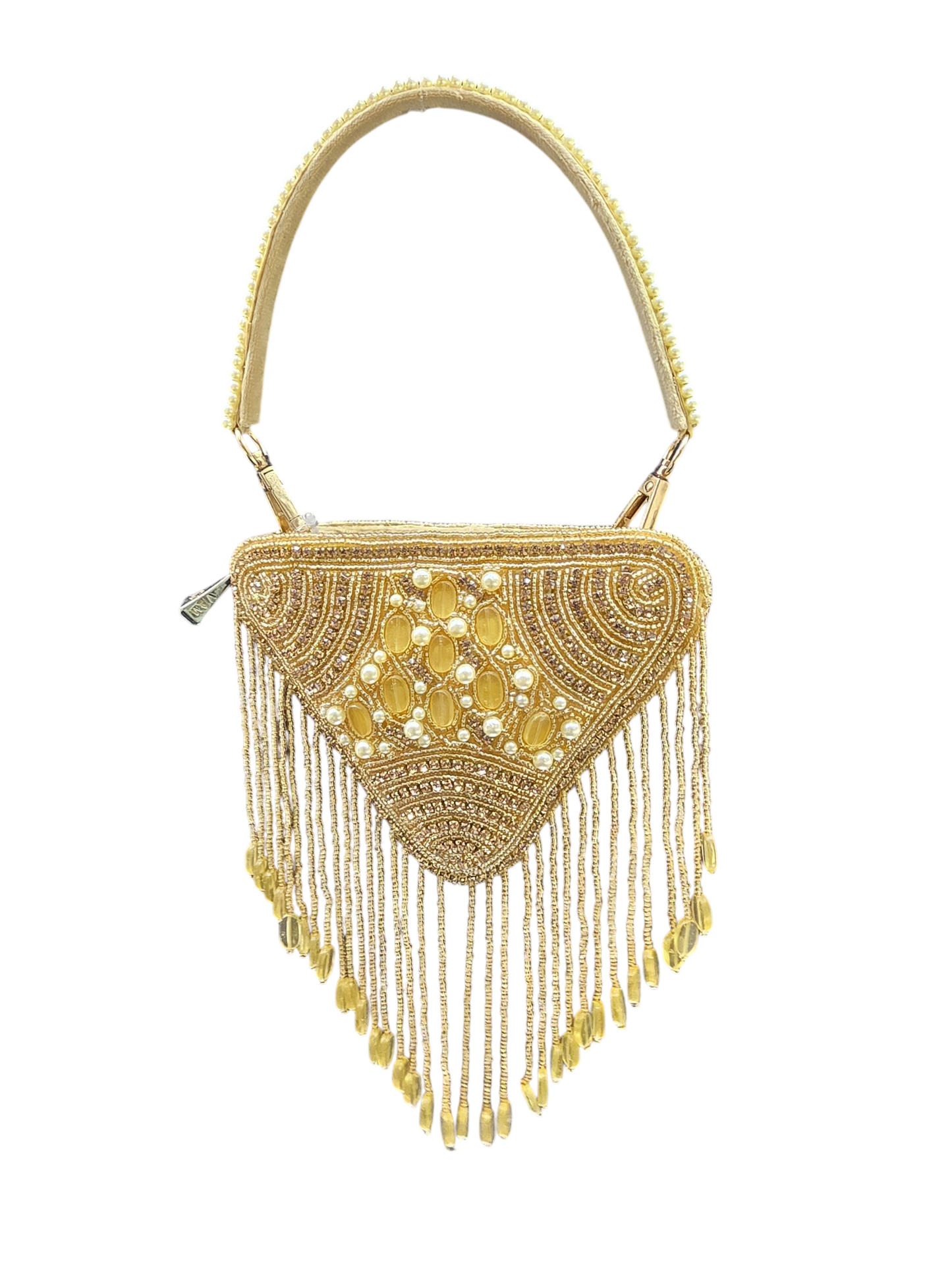 Hand-embroidered triangle mini bag in premium velvet featuring a front panel of pearls, stones, diamonds, and seed beads with rhythmic bead tassels. This geometric evening clutch includes a secure zip closure, a detailed pearl-work back, and a detachable hand-embroidered handle.
