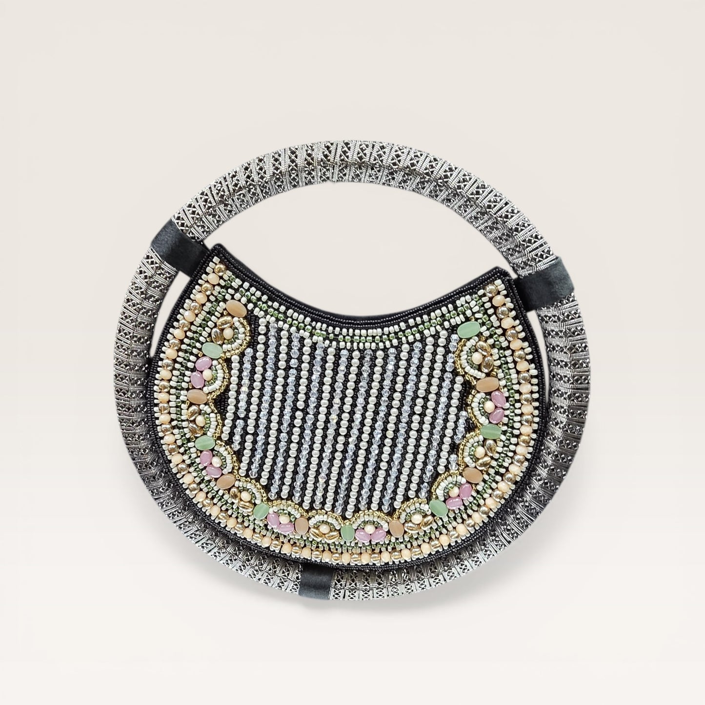 Luxury pearl embellished ring handle bag for women, bridal and festive wear clutch with magnetic closure