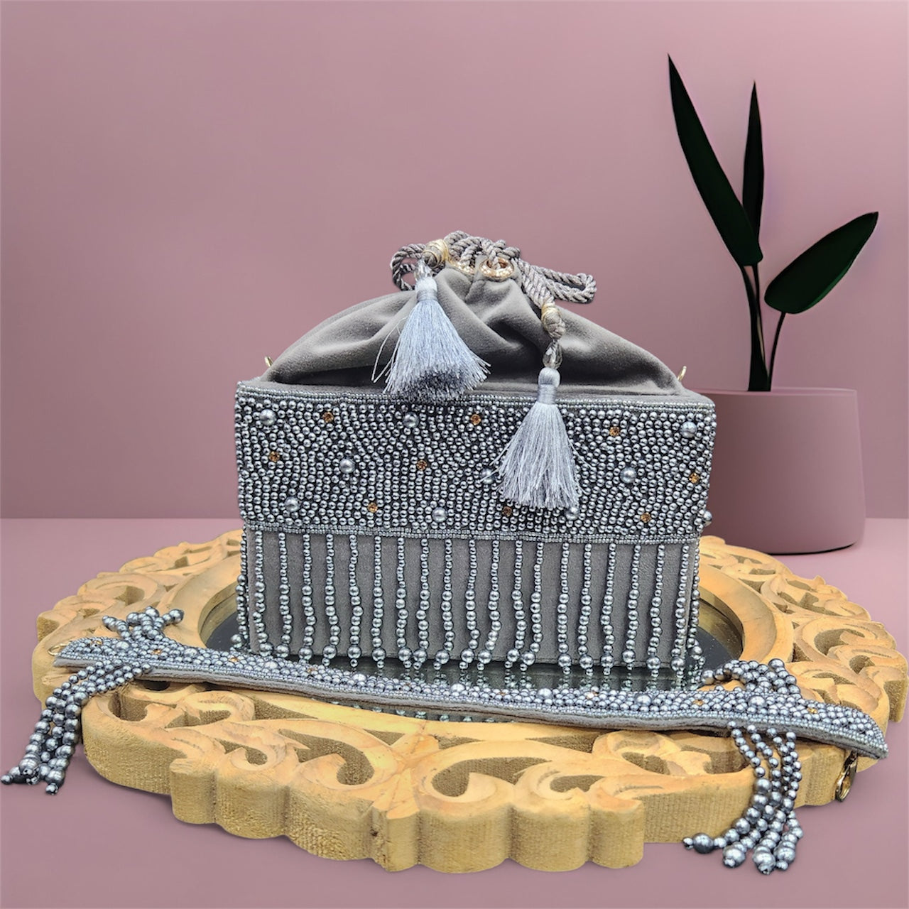 Moti Dhara Grey Bucket Potli