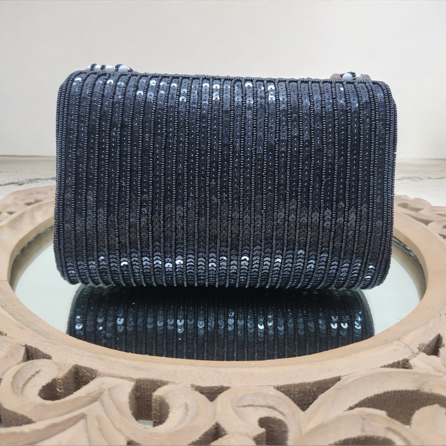 Amayra Sequined Black Flapover Box Bag