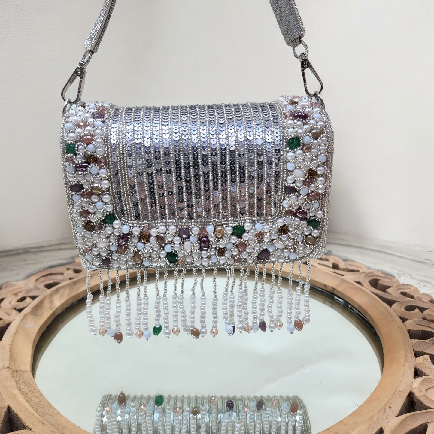 Amayra Sequined Silver Flapover Box Bag