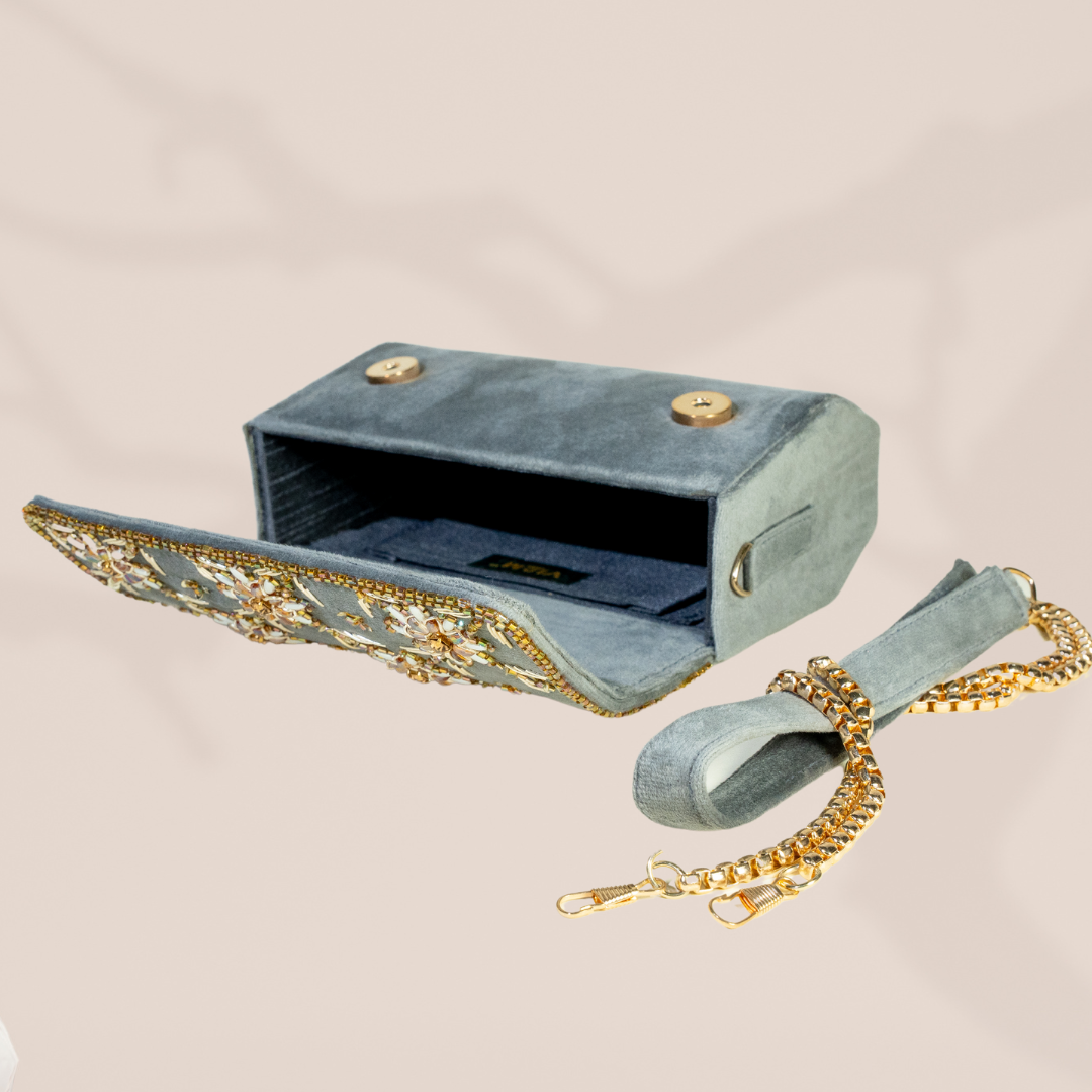 Crystal Blossom Blue Velvet FlapOver Clutch Bag