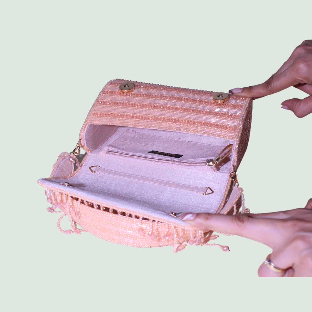 Reverie Beaded Rose Gold FlapOver Clutch Bag