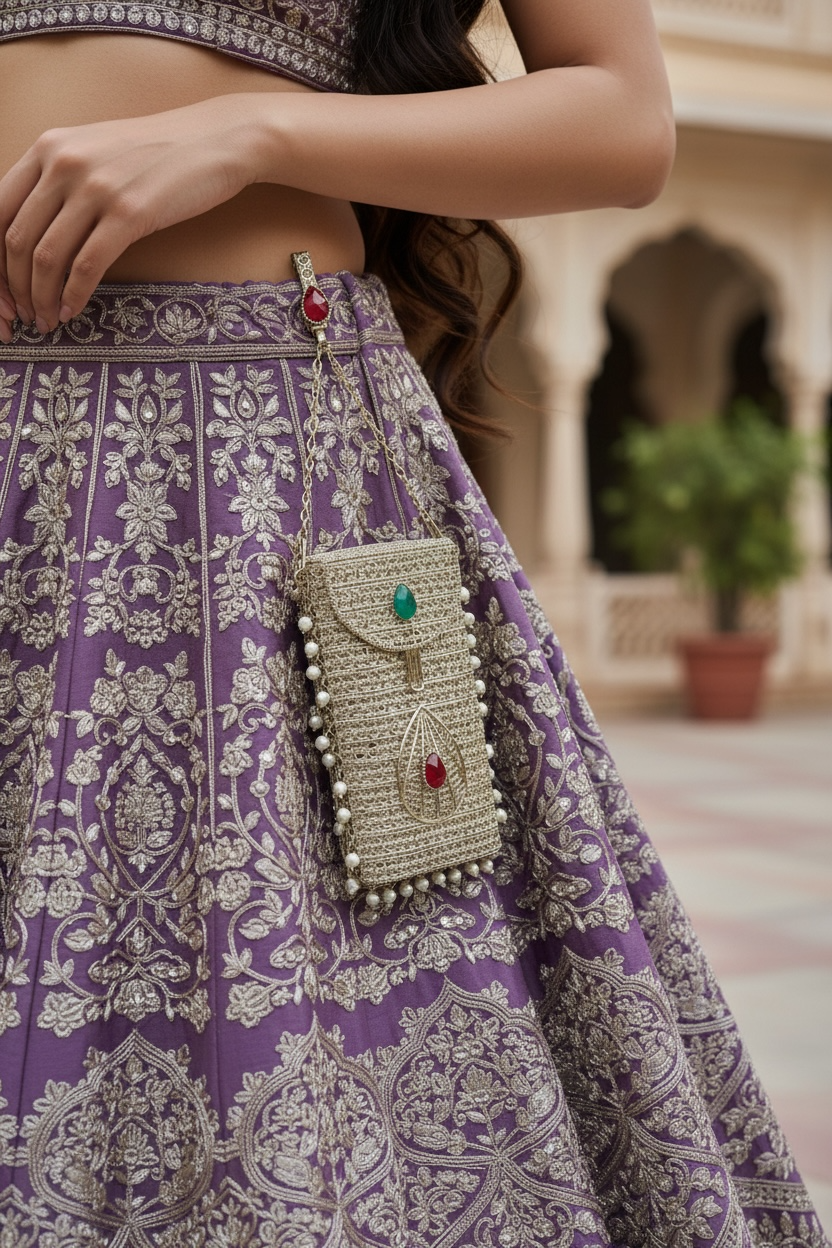 Silver brass mobile clutch with coloured teardrop stone and pearl tassels, luxury wedding phone bag
Designer brass phone clutch with pearl hangings and drop shaped stone detailing, ethnic party wear