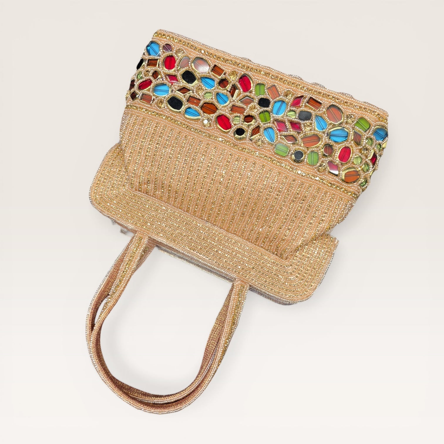 Hand-embroidered seed bead handbag with colorful stone border and twin embroidered handles.
