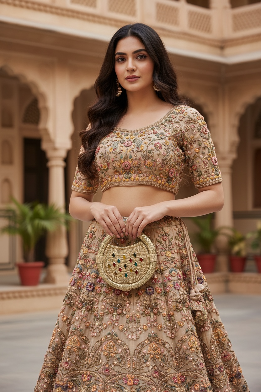Discover our handcrafted nano ring bag made from premium jute. Embellished with colorful stones and seed beads. Perfect for festive and bridal luxury wear.