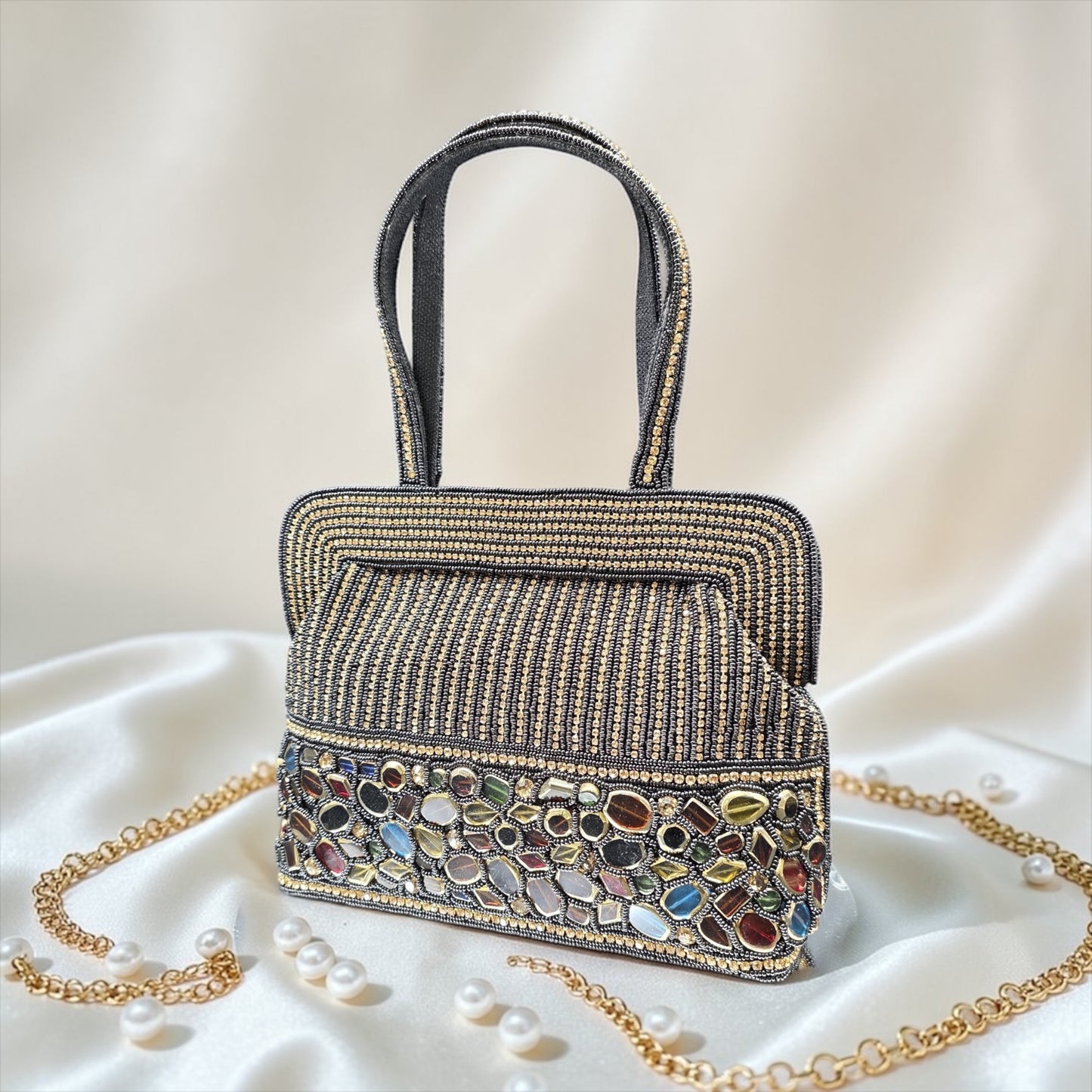 Hand-embroidered seed bead handbag with colorful stone border and twin embroidered handles.