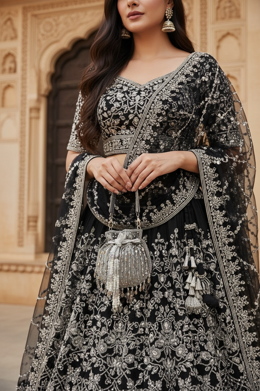 Hand-embroidered Grey velvet mini potli bag with crystal drop tassels and seed bead work.