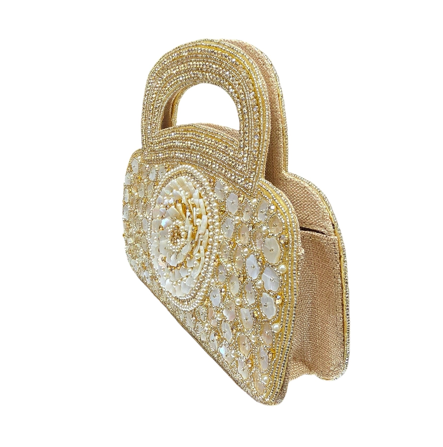 Dual-sided hand-embroidered luxury wedding bag featuring a central mother-of-pearl floral motif and a geometric pearl pattern on a natural jute base. This mini bucket-style bridal clutch includes a secure zip closure and an integrated hand-beaded handle, perfect for ethnic and festive wear