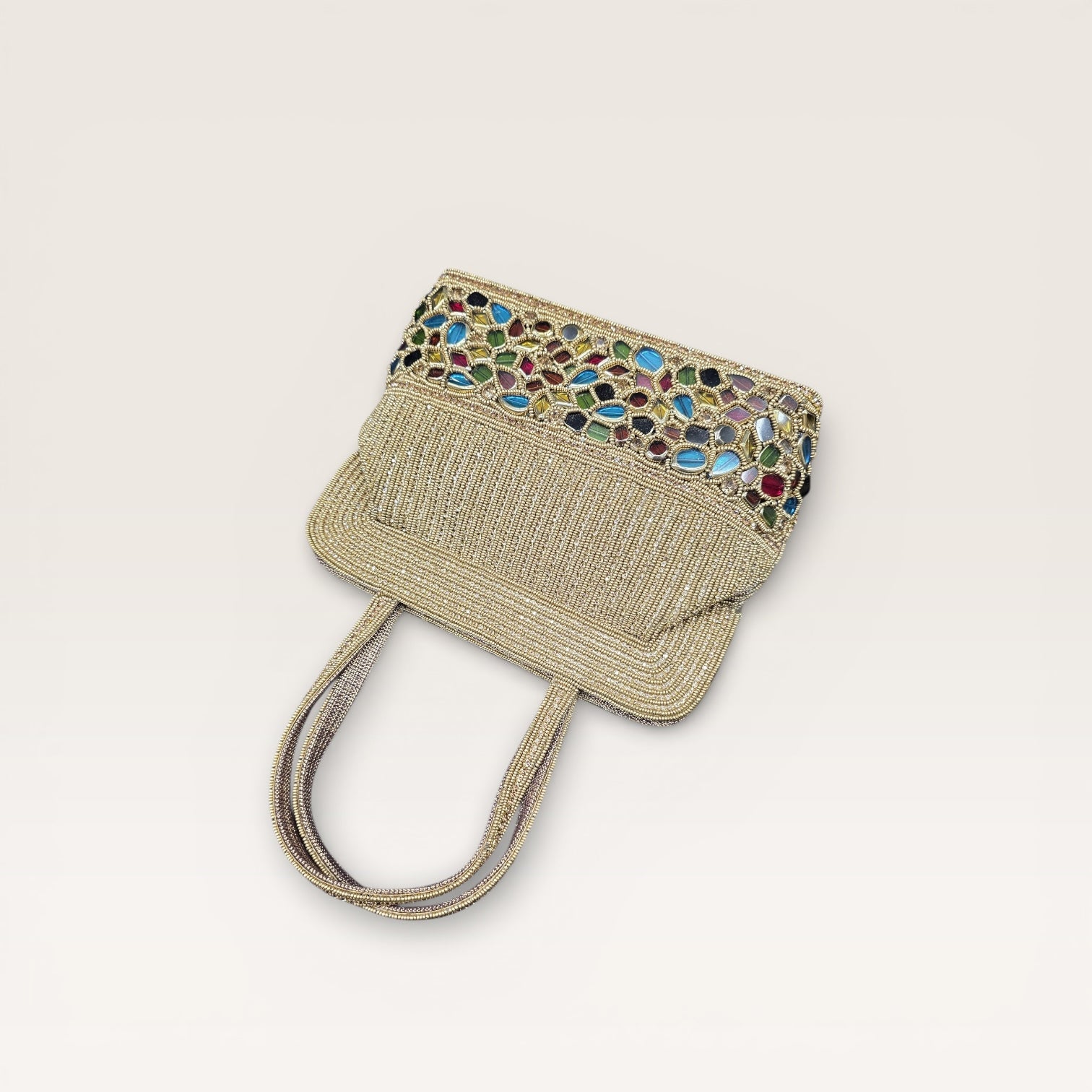 Hand-embroidered seed bead handbag with colorful stone border and twin embroidered handles.
