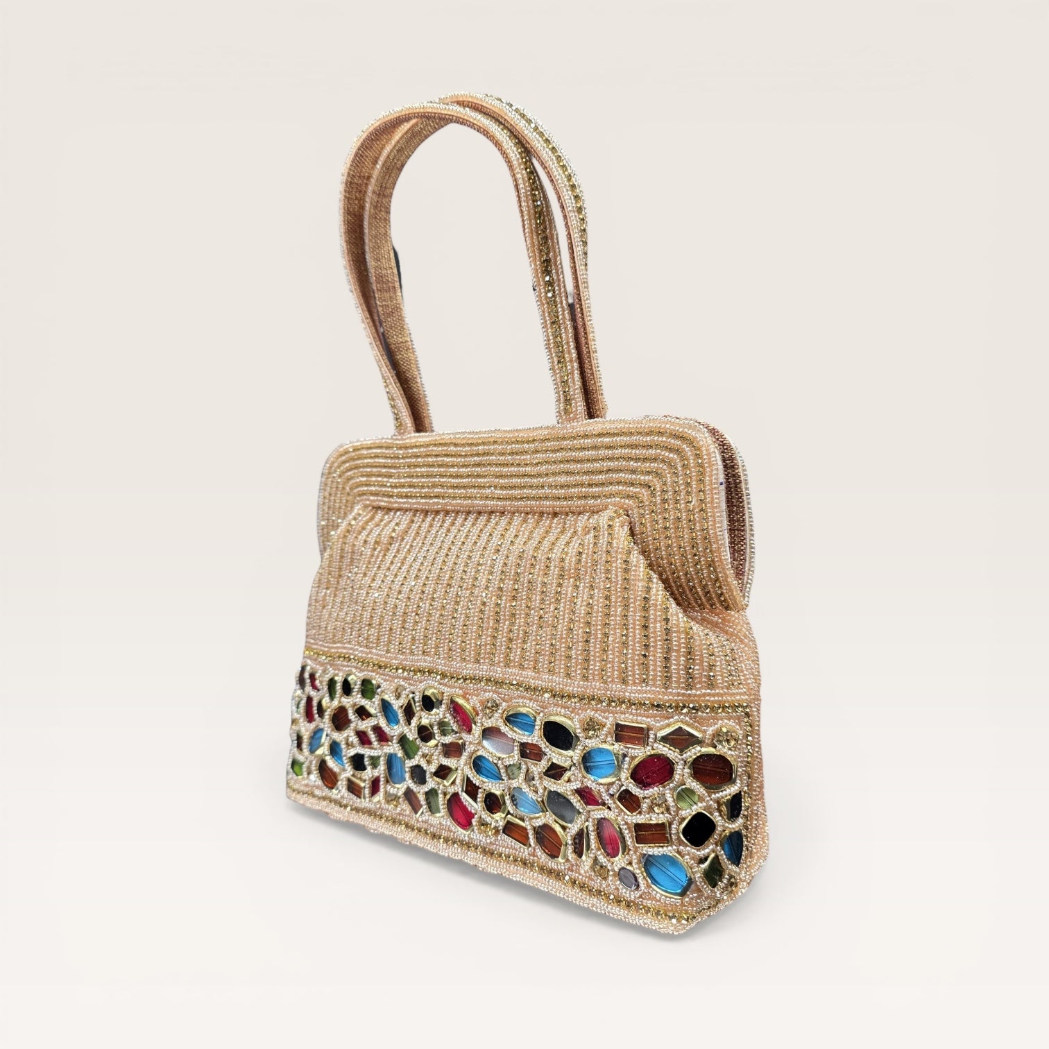 Hand-embroidered seed bead handbag with colorful stone border and twin embroidered handles.