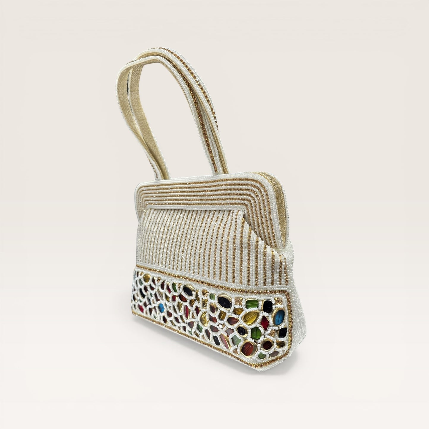 Hand-embroidered seed bead handbag with colorful stone border and twin embroidered handles.