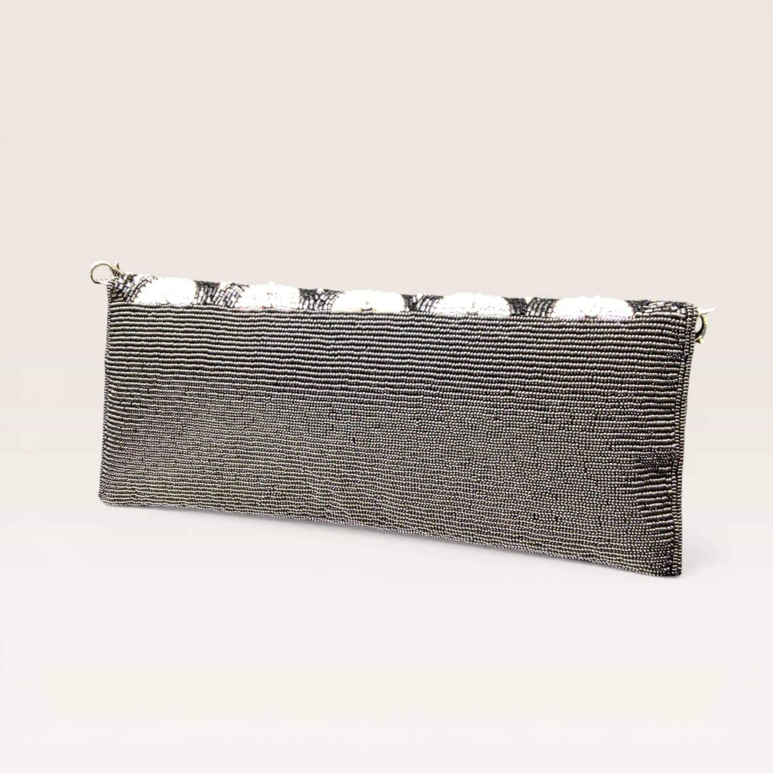 Hand-embroidered pastel bead envelope clutch with gold chain and Kardana work.