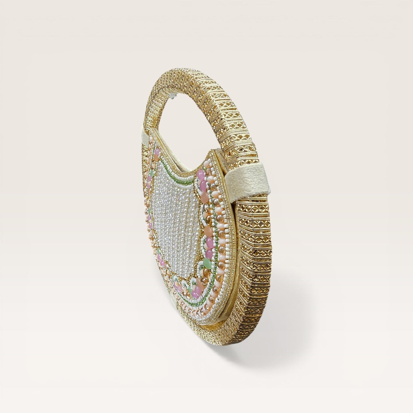 Circular beaded handbag with pearl detailing, luxury ethnic clutch for wedding and festive styling