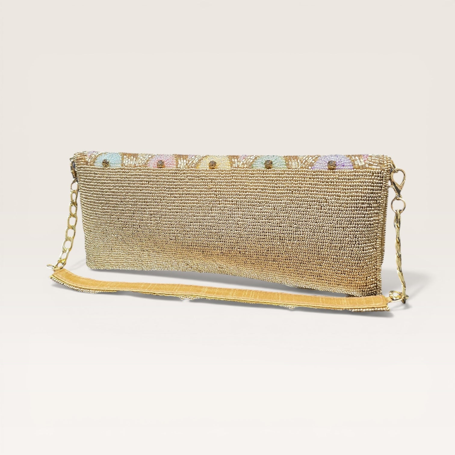 Hand-embroidered pastel bead envelope clutch with gold chain and Kardana work.