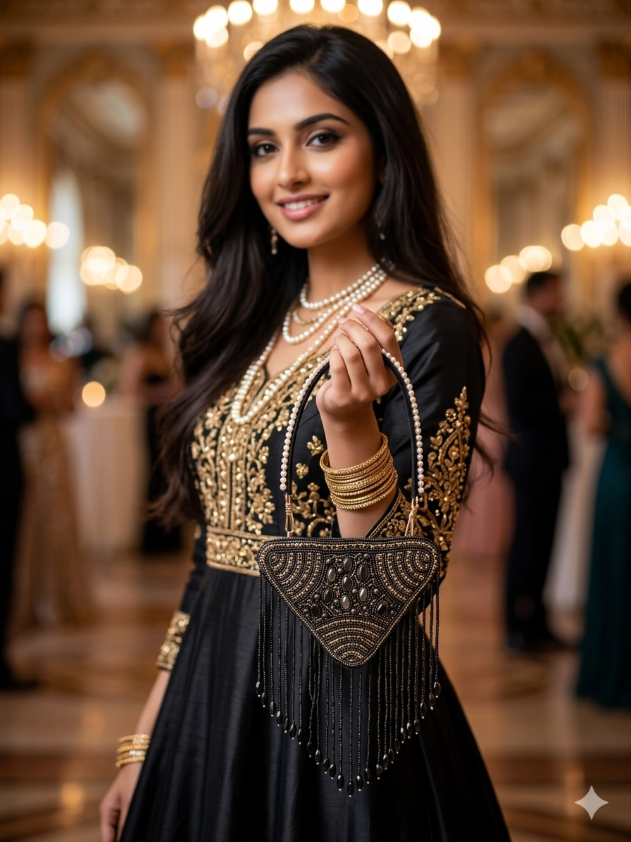 Hand-embroidered triangle mini bag in premium velvet featuring a front panel of pearls, stones, diamonds, and seed beads with rhythmic bead tassels. This geometric evening clutch includes a secure zip closure, a detailed pearl-work back, and a detachable hand-embroidered handle.