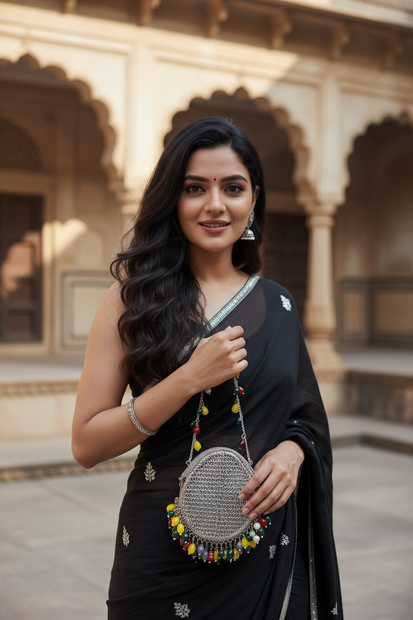 Handcrafted drop-shaped brass mini clutch with colorful hanging beads and fancy loop lock.