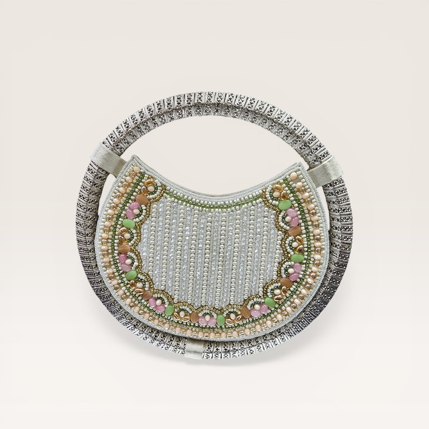Handcrafted pearl and bead embellished clutch bag with ring handle and sling chain for weddings