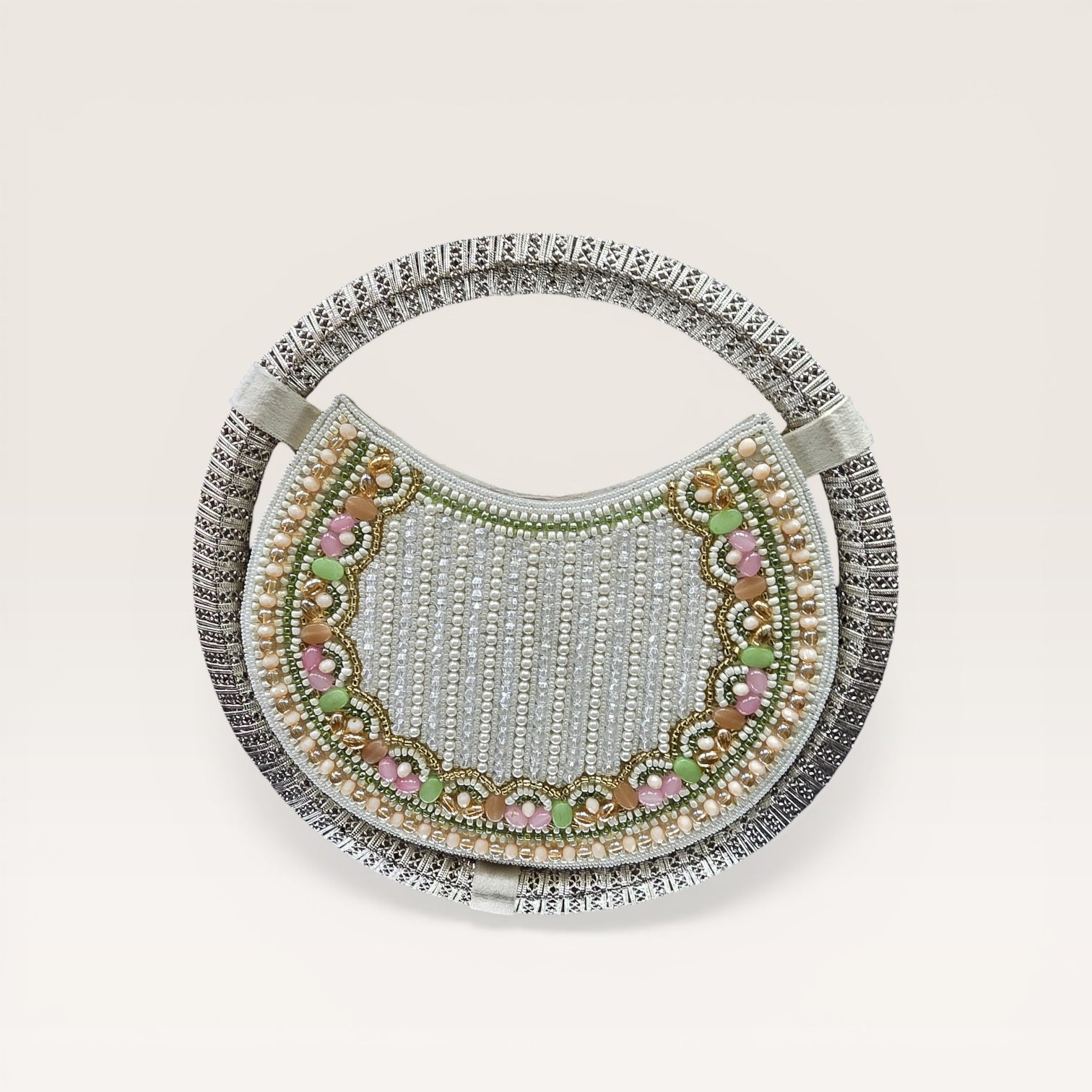 Handcrafted pearl and bead embellished clutch bag with ring handle and sling chain for weddings