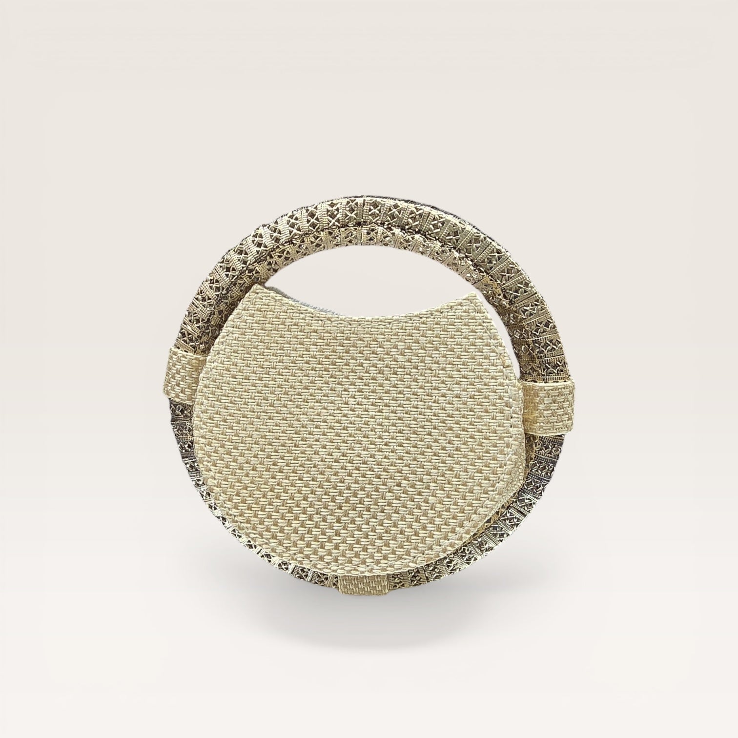 Discover our handcrafted nano ring bag made from premium jute. Embellished with colorful stones and seed beads. Perfect for festive and bridal luxury wear.