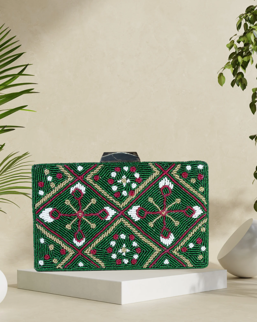 Rhombus Bottle Green Patola Box Clutch