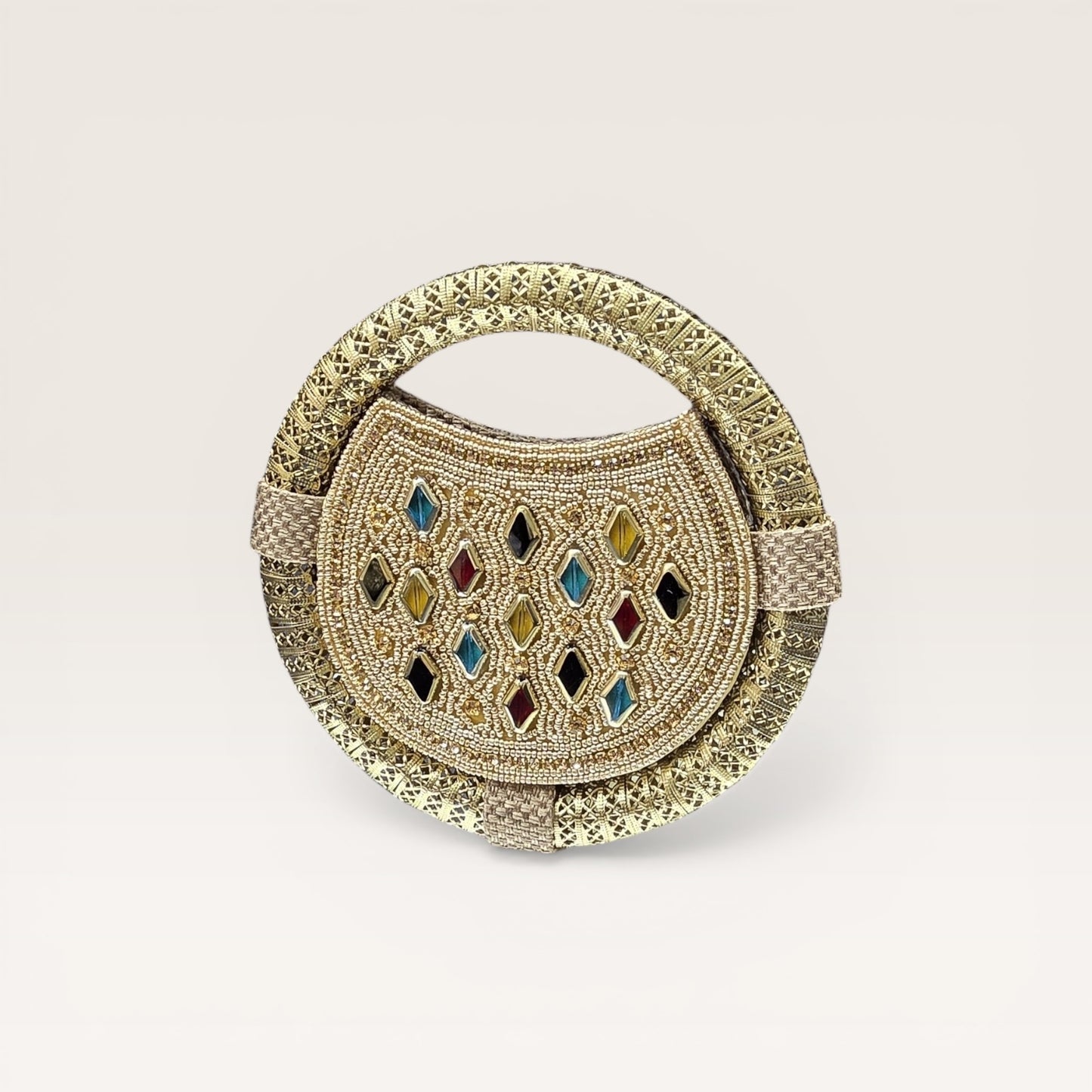 Discover our handcrafted nano ring bag made from premium jute. Embellished with colorful stones and seed beads. Perfect for festive and bridal luxury wear.