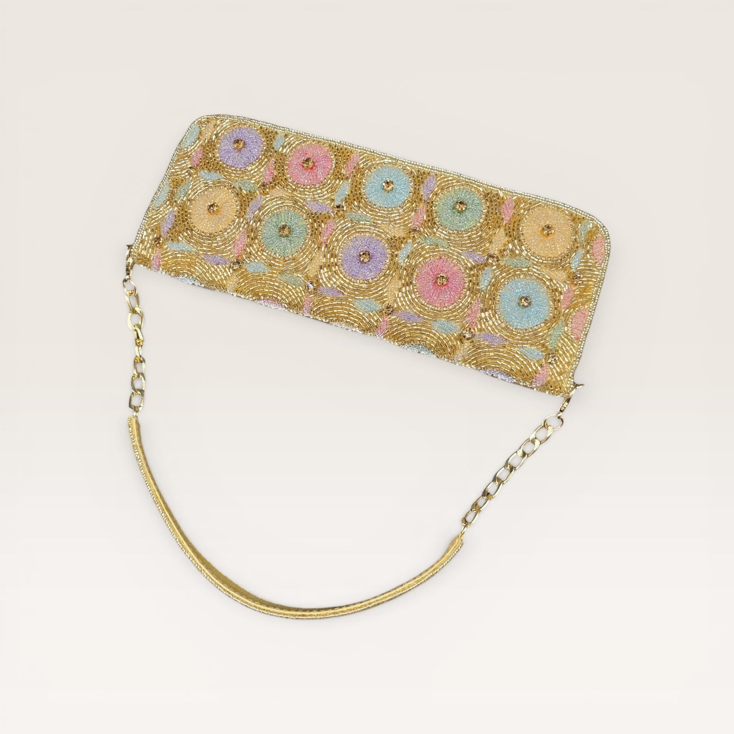 Hand-embroidered pastel bead envelope clutch with gold chain and Kardana work.