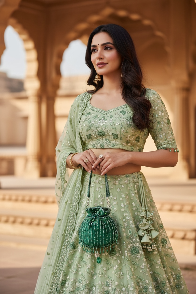 Hand-embroidered Bottle Green velvet mini potli bag with crystal drop tassels and seed bead work.