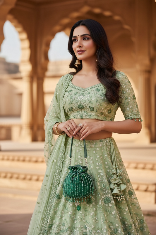 Hand-embroidered Bottle Green velvet mini potli bag with crystal drop tassels and seed bead work.