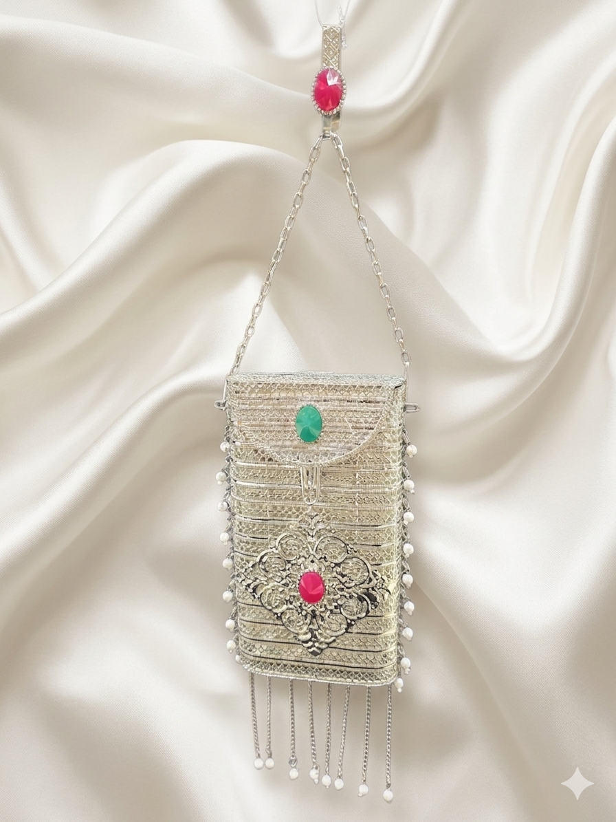 Silver metal waist clutch with tassels for women