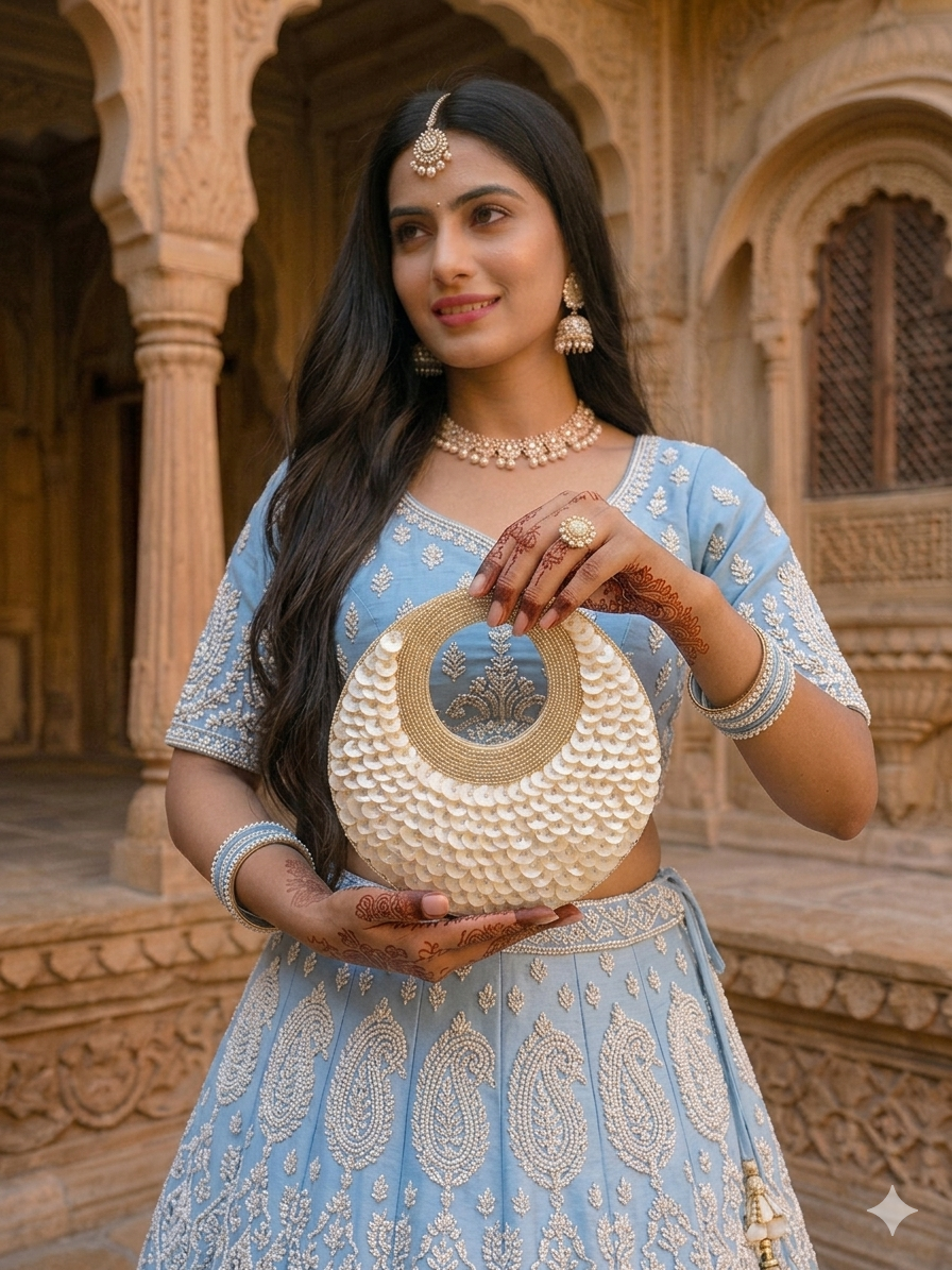 Dual-sided hand-embroidered circular mother of pearl clutch featuring a central floral shell motif with diamond-cut crystal accents and premium seed pearls. This 8.5-inch slim-profile wedding bag is crafted on a natural jute base with a hidden magnetic closure, perfect for luxury bridal and ethnic festive wear
