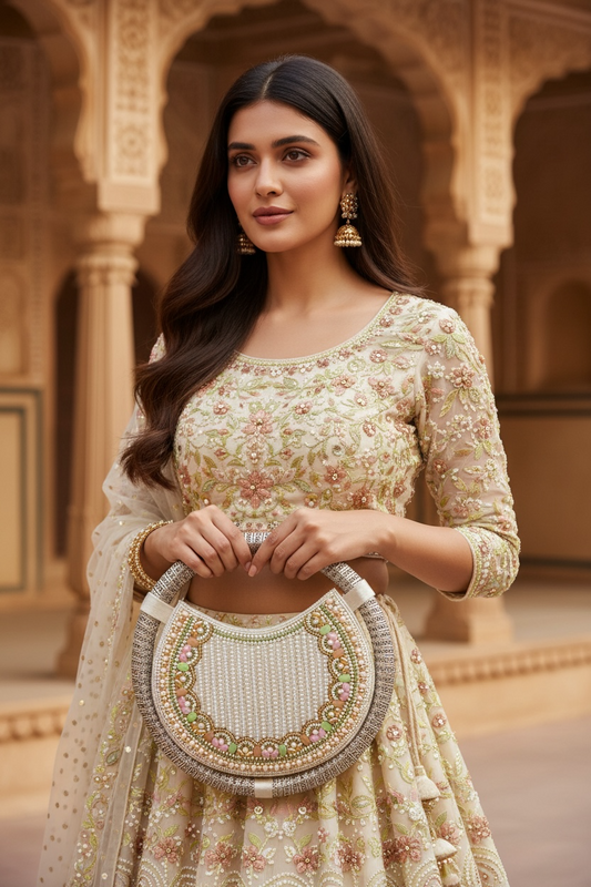Circular beaded handbag with pearl detailing, luxury ethnic clutch for wedding and festive styling