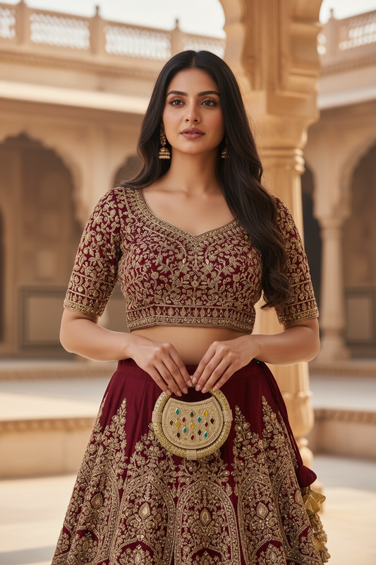 Discover our handcrafted nano ring bag made from premium jute. Embellished with colorful stones and seed beads. Perfect for festive and bridal luxury wear.