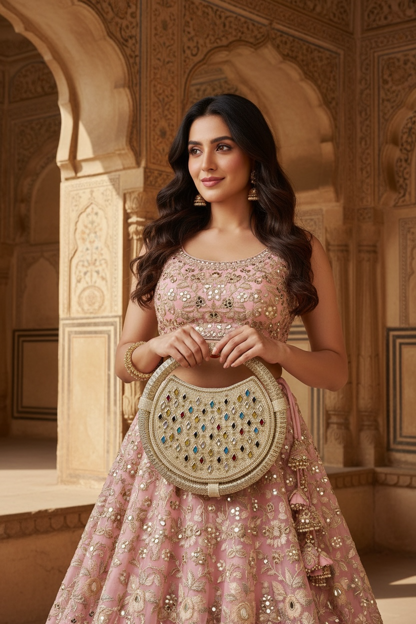 Circular jute handbag with colorful diamond stone embroidery and seed bead details.