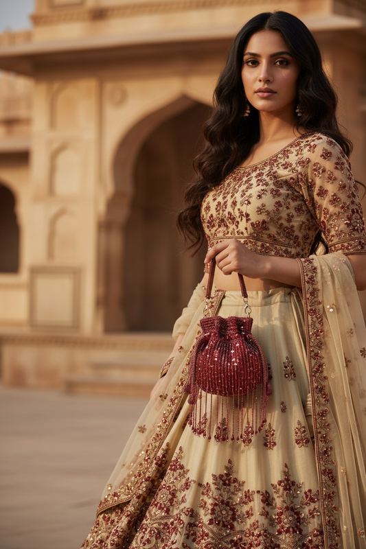 Mini velvet potli bag with seed beads and shimmering sequin hand embroidery.