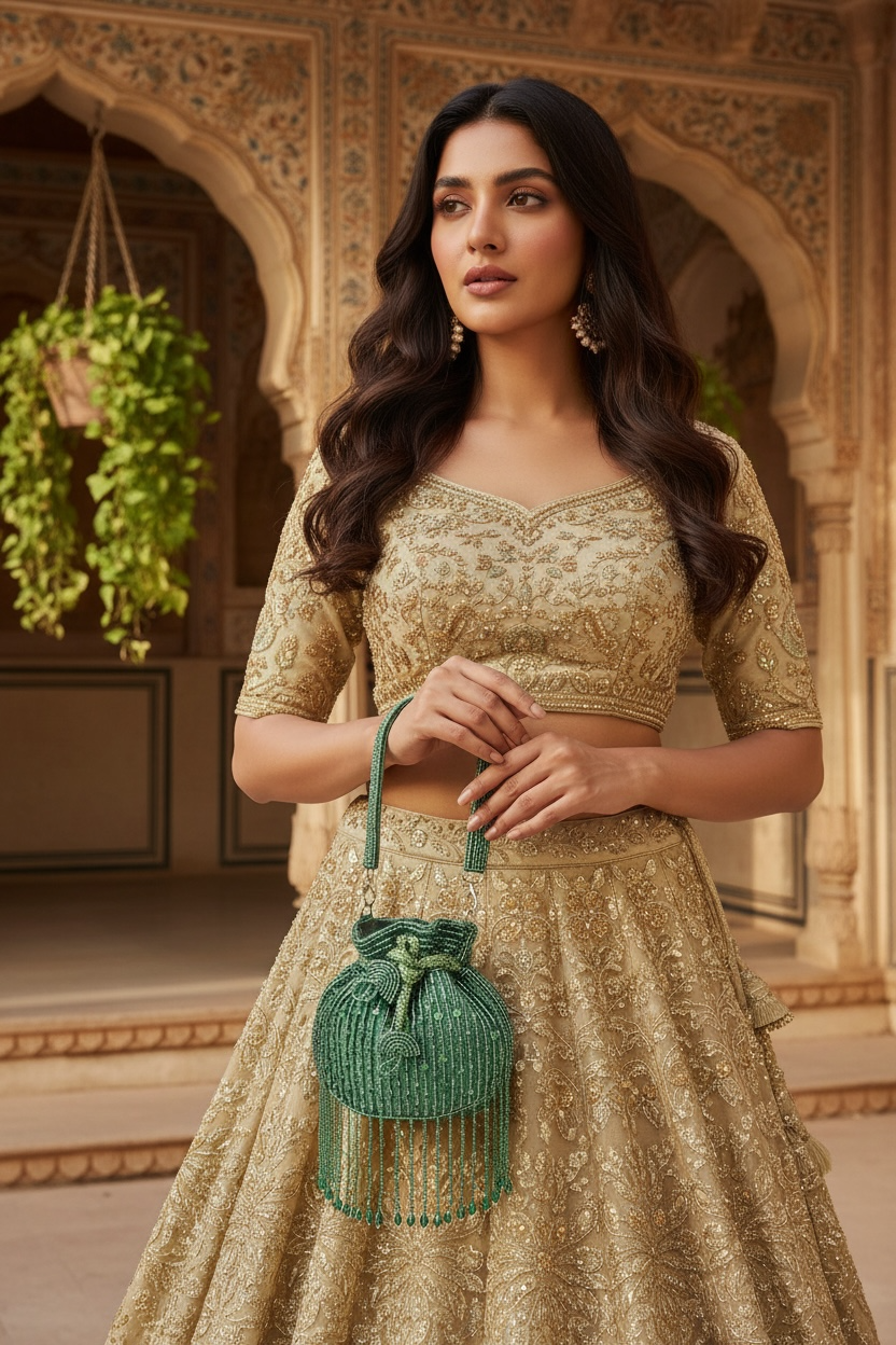 Mini velvet potli bag with seed beads and shimmering sequin hand embroidery