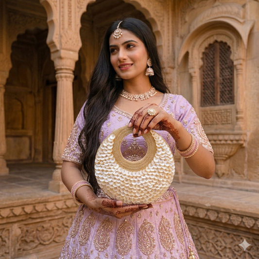 Dual-sided hand-embroidered circular mother of pearl clutch featuring a central floral shell motif with diamond-cut crystal accents and premium seed pearls. This 8.5-inch slim-profile wedding bag is crafted on a natural jute base with a hidden magnetic closure, perfect for luxury bridal and ethnic festive wear