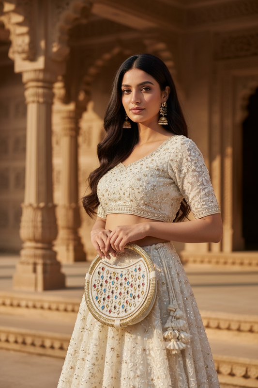 Circular jute handbag with colorful diamond stone embroidery and seed bead details.