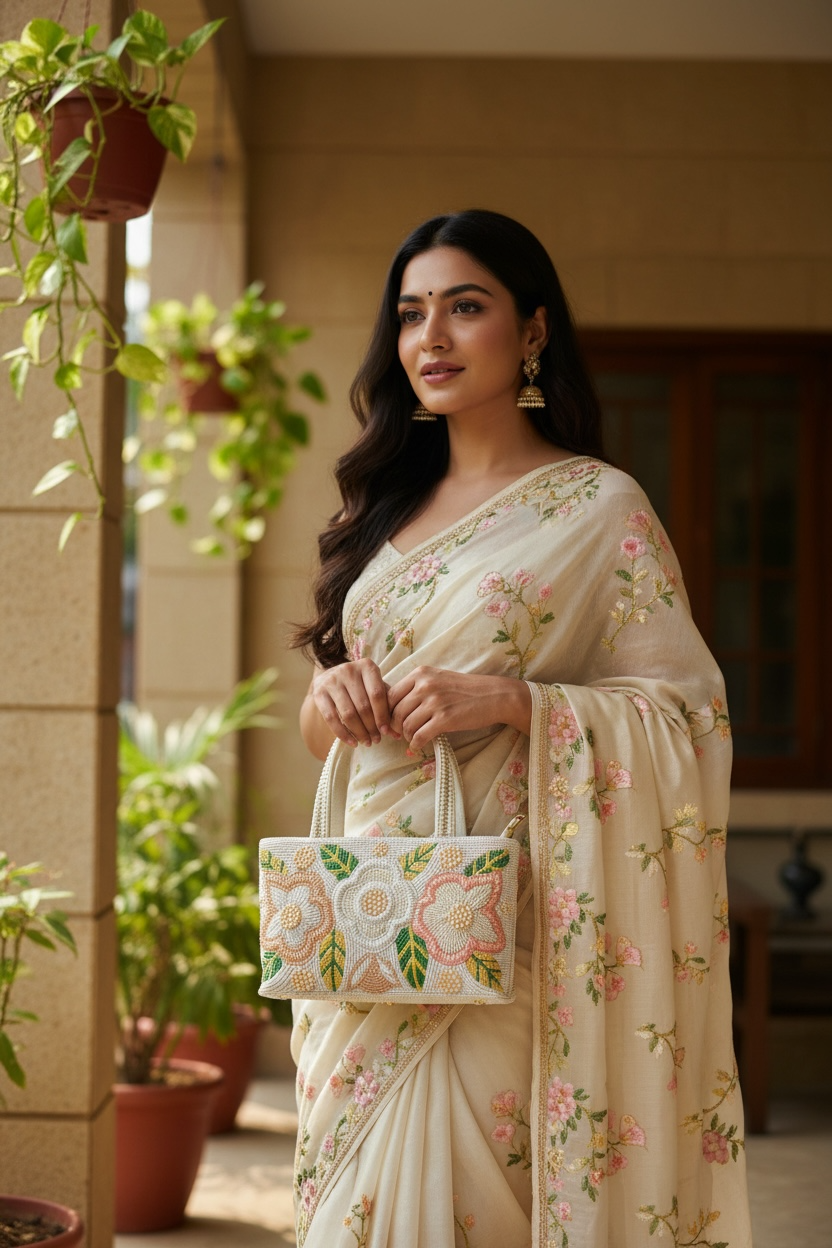 Hand-embroidered bucket bag with colorful floral beadwork and twin handles on a velvet base.