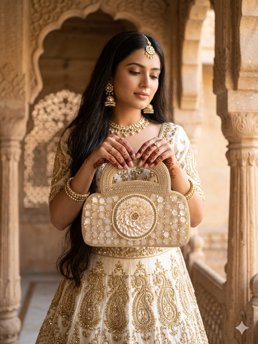 Dual-sided hand-embroidered luxury wedding bag featuring a central mother-of-pearl floral motif and a geometric pearl pattern on a natural jute base. This mini bucket-style bridal clutch includes a secure zip closure and an integrated hand-beaded handle, perfect for ethnic and festive wear