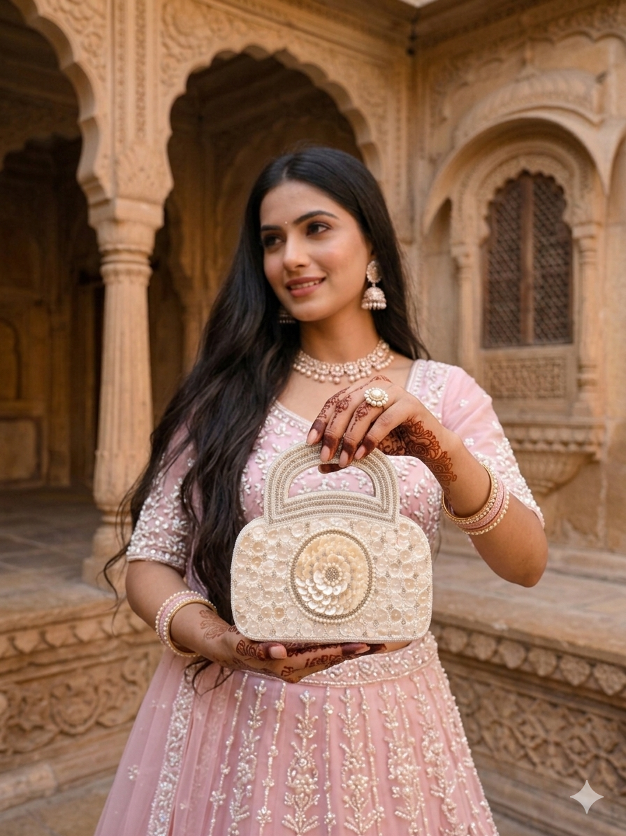 Dual-sided hand-embroidered luxury wedding bag featuring a central mother-of-pearl floral motif and a geometric pearl pattern on a natural jute base. This mini bucket-style bridal clutch includes a secure zip closure and an integrated hand-beaded handle, perfect for ethnic and festive wear