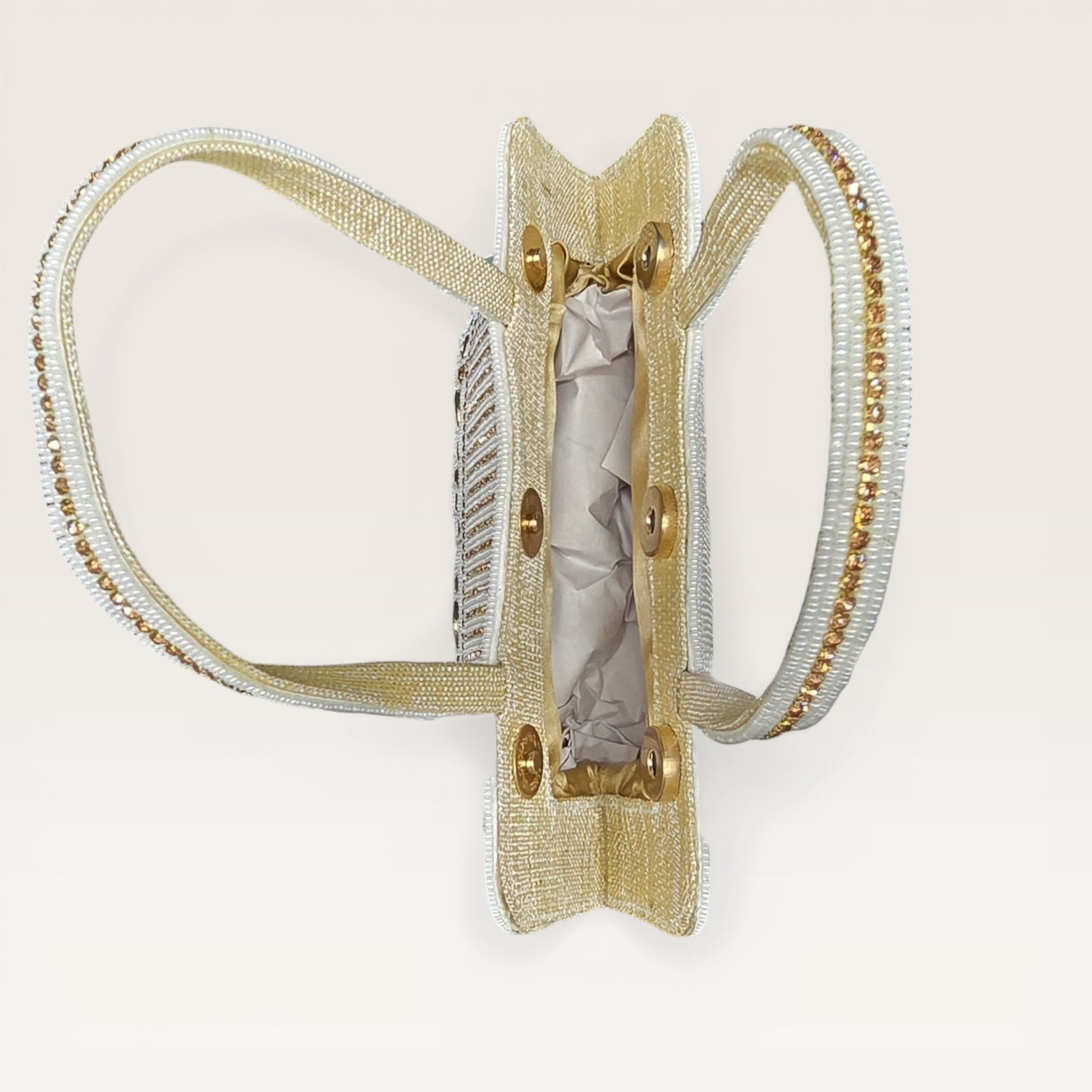 Hand-embroidered seed bead handbag with colorful stone border and twin embroidered handles.