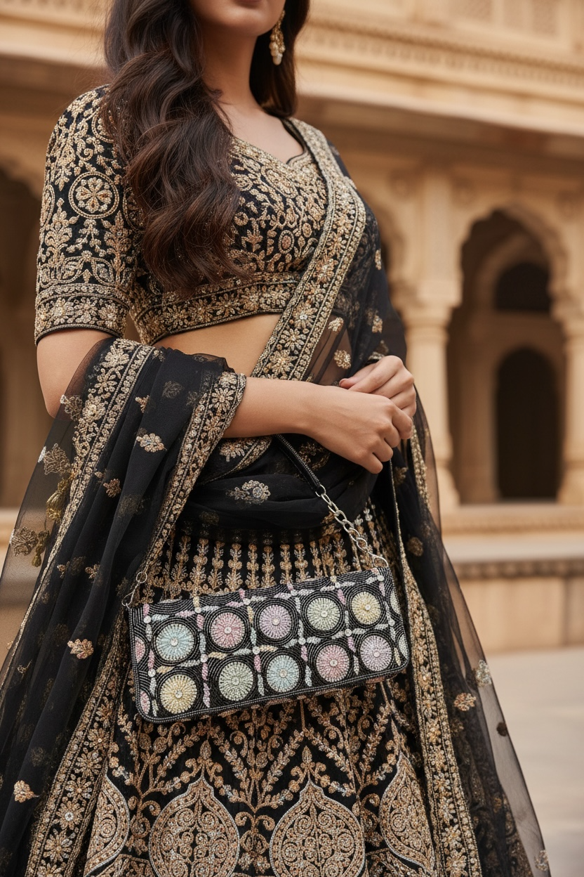 Hand-embroidered pastel bead envelope clutch with Silver chain and Kardana work.