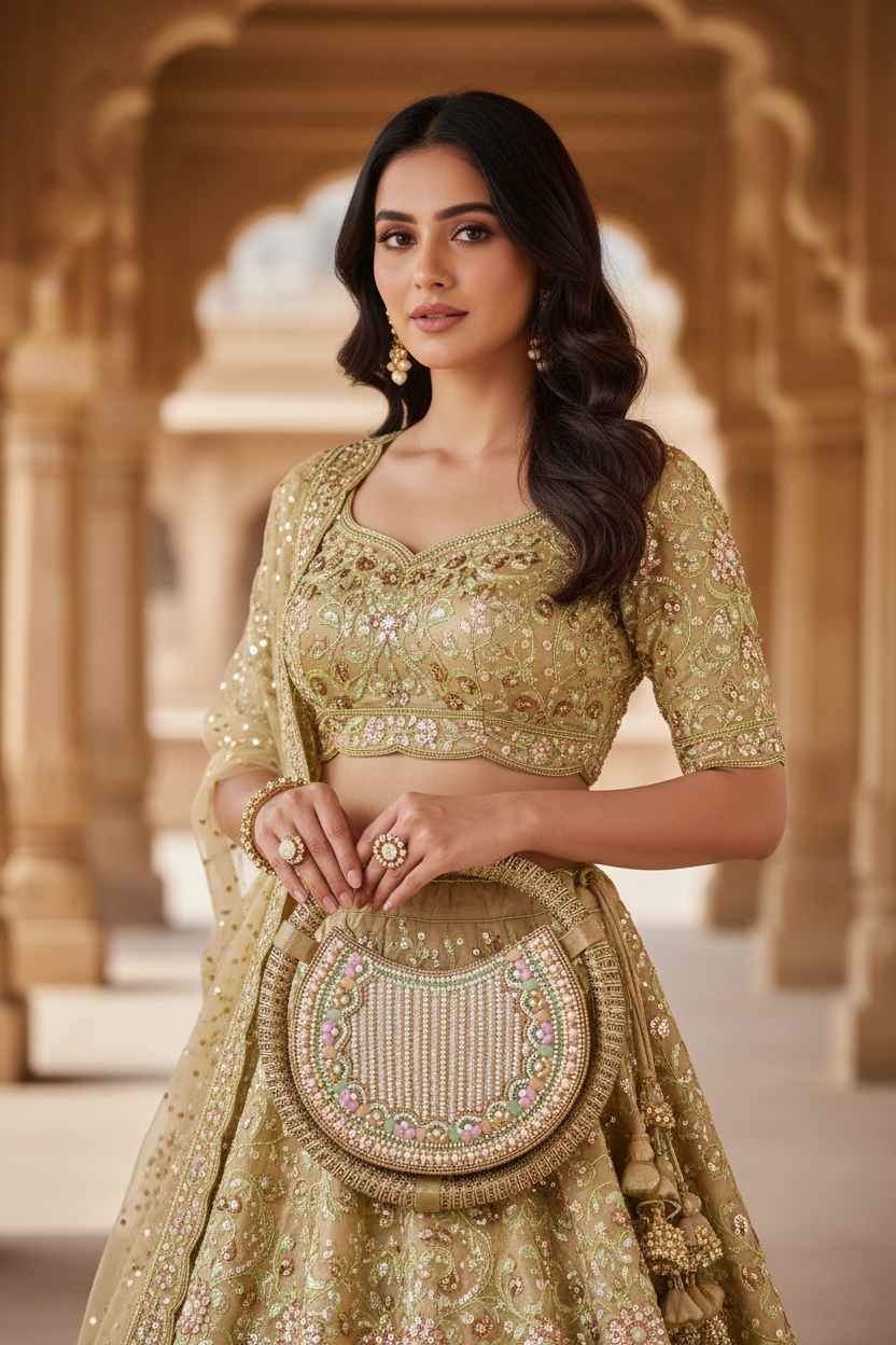 Designer circular ring bag with pearl embroidery, statement party wear handbag for women