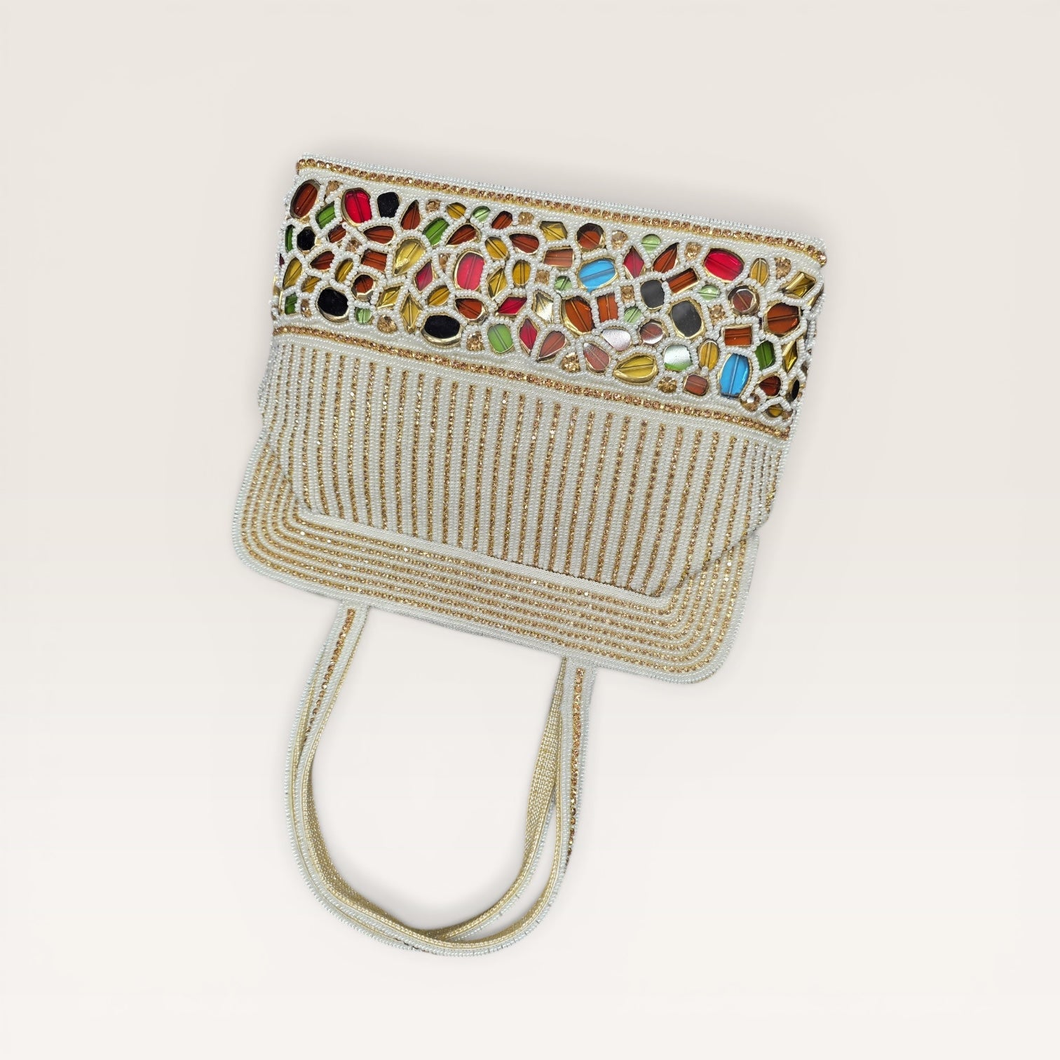 Hand-embroidered seed bead handbag with colorful stone border and twin embroidered handles.