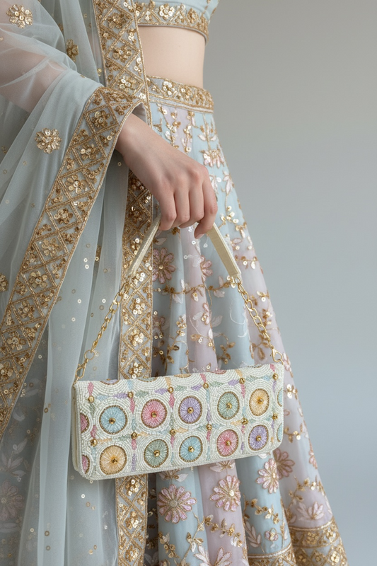 Hand-embroidered pastel bead envelope clutch with gold chain and Kardana work.